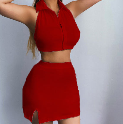 Blouse cropped pour femmes avec patte de boutonnage et jupe ajustée Chic und Stil