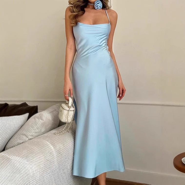 Dames Élégant Maxi-Robe en Coton de Sol avec Fins Bretelles Spaghetti et Décolleté Profond Chic und Stil