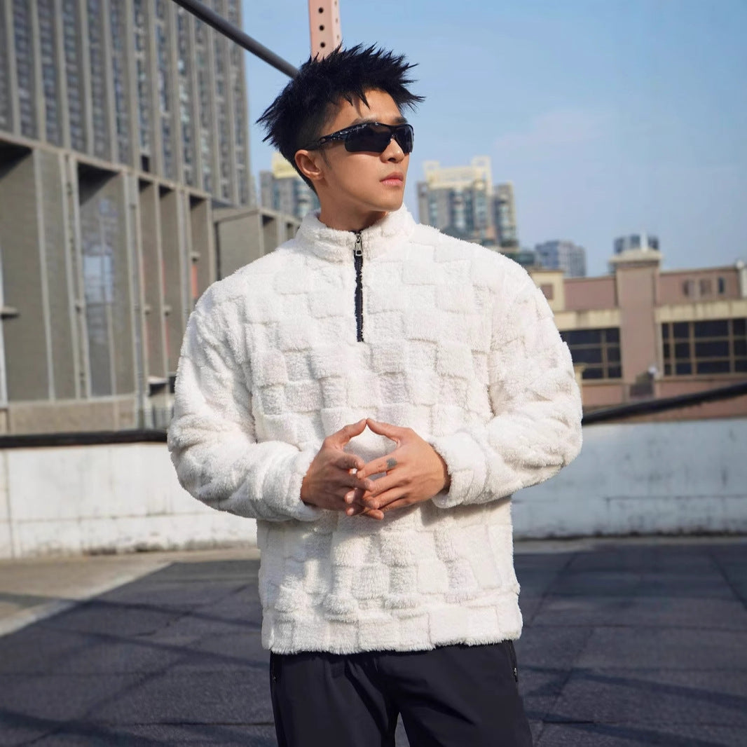 Men's fleece pullover with structured surface texture and high collar Chic und Stil