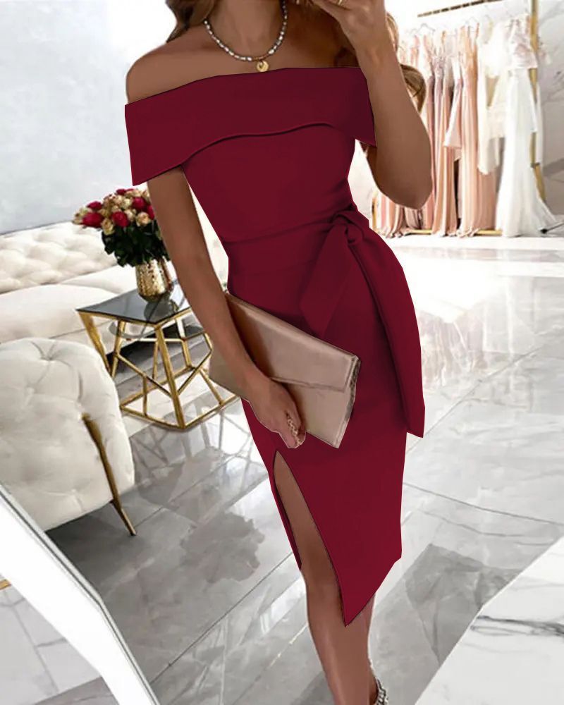 Women's Elegant Off-Shoulder Midi Dress with Side Slit Chic and Stylish