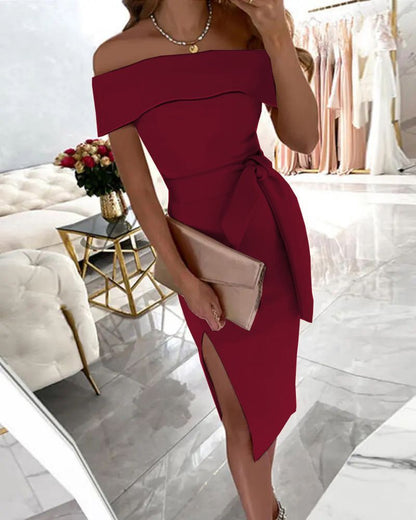Women's Elegant Off-Shoulder Midi Dress with Side Slit Chic and Stylish