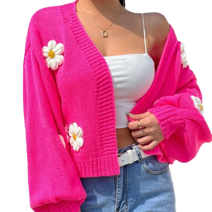 Cardigan court en tricot pour femmes avec un motif floral fantaisiste Chic und Stil