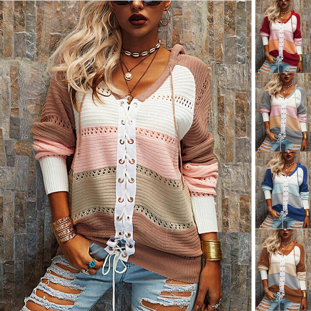 Pull à capuche en grosse maille pour femmes avec un motif de rayures tendance Chic und Stil