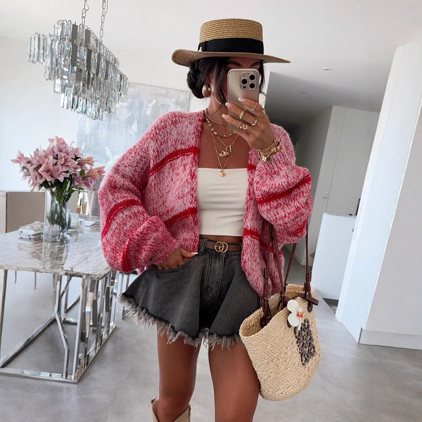 Dames gros tricot cardigan avec coupe décontractée et motif rayé à la mode Chic und Stil