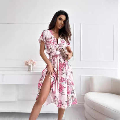 Robe midi à motif floral pour femmes avec ceinture à nouer Chic und Stil