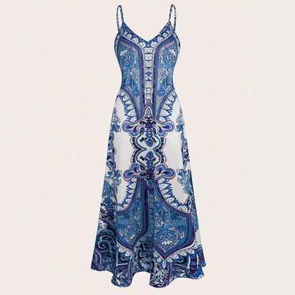 Dames Élégante Robe Max longue avec motif délicat et bretelles spaghetti Chic und Stil
