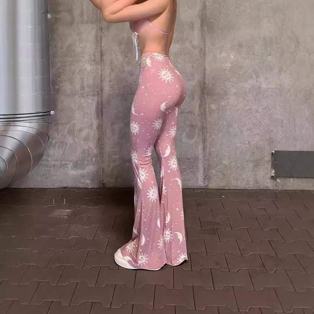 Bootcut pants for women with artistic moon and sun design Chic and Style