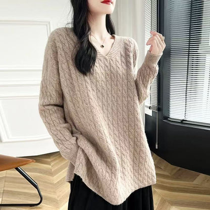 Femme pull en grosse maille avec décolleté en V et coupe décontractée Chic und Stil
