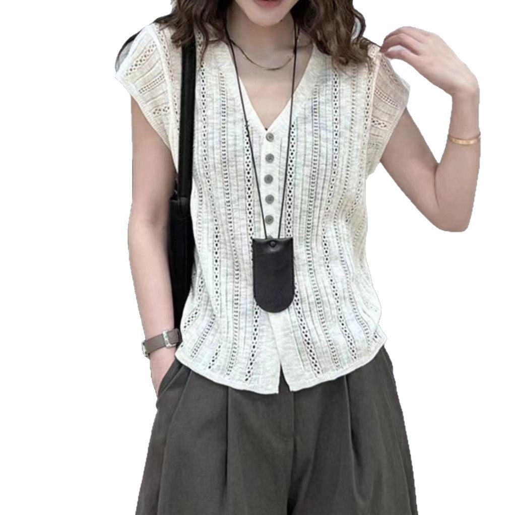 Airy knit top for women with V-neck and decorative button details Chic and Style