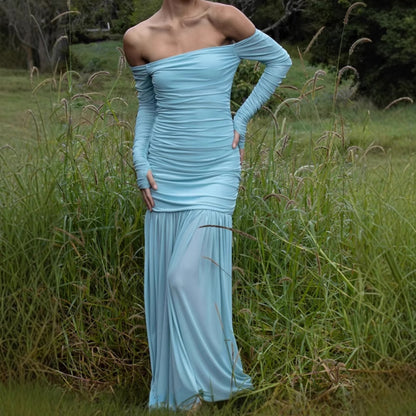Dames Robe Maxi Élégant Off-Shoulder avec Design Cintré et Jupe Fluide Chic und Stil