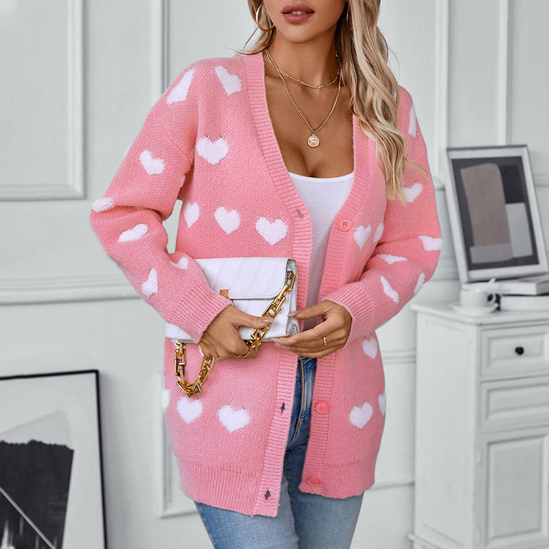 Cardigan confortable pour dames avec motif en cœur et décolleté en V Chic und Stil