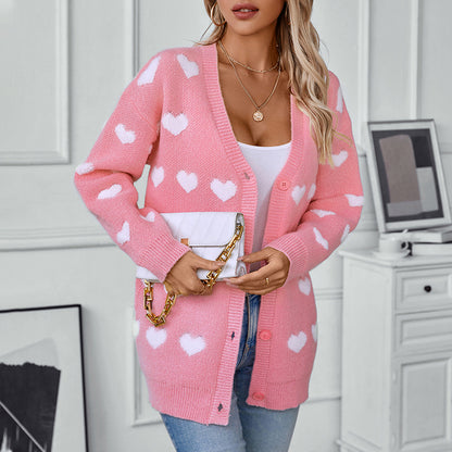 Cardigan confortable pour dames avec motif en cœur et décolleté en V Chic und Stil