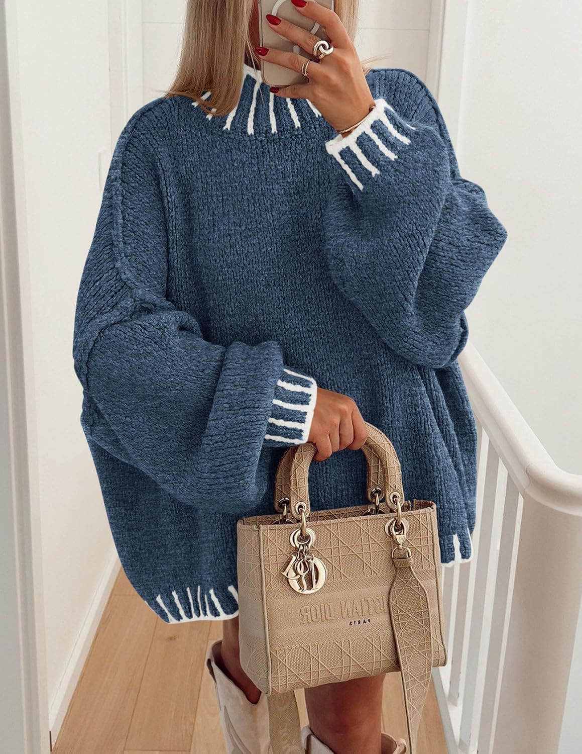 Pull en gros tricot décontracté pour femmes avec motif rayé moderne Chic und Stil