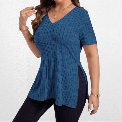 Dames haut décontracté à col en V avec motif en côtes texturé Chic und Stil