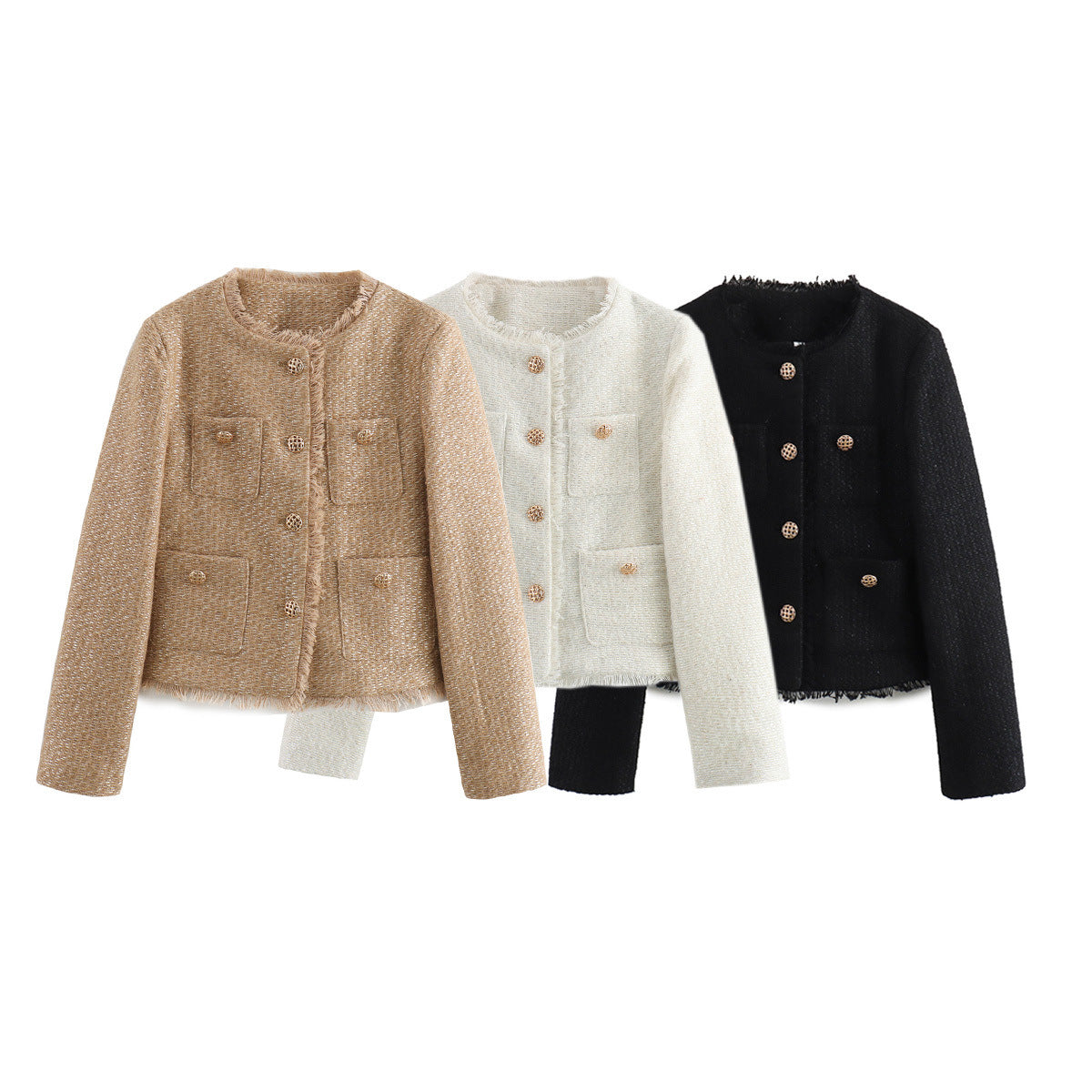Blazer féminin élégant coupé court avec tissu texturé et détails de boutons dorés Chic und Stil