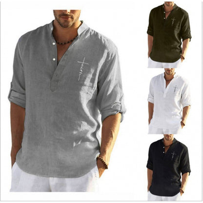 Chemise décontractée en lin pour hommes avec col montant court et fermeture à boutons décorative Chic und Stil