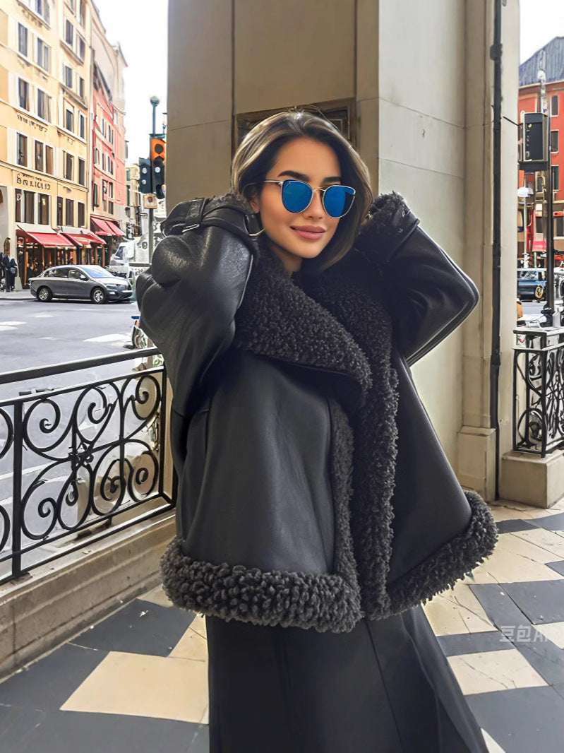 Oversized faux leather jacket for women with cozy lining Chic and Style