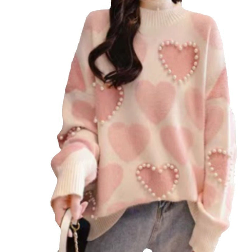 Dames Pull en tricot à motifs avec applications en forme de cœur et col en rib Chic und Stil