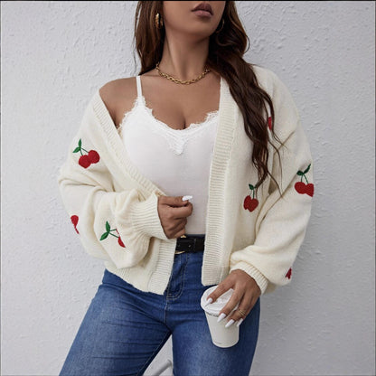 Dames Grand Cardigan avec motif cerise ludique Chic und Stil