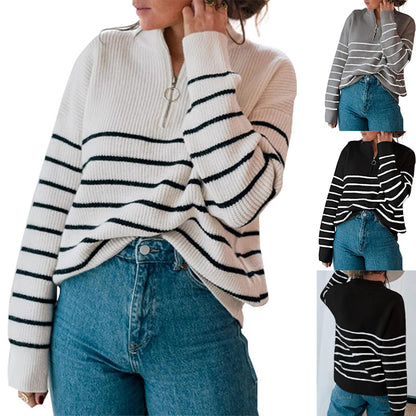 Pull décontracté pour femmes avec fermeture éclair courte et motif à rayures Chic und Stil