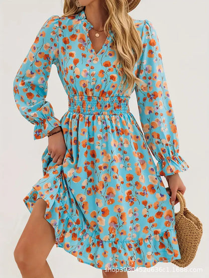Robe mini à motifs floraux pour femmes avec des manches volumineuses et une taille élastique Chic und Stil