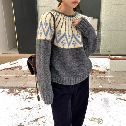 Dames Pull en maille confortable avec imprimé géométrique et col rond Chic und Stil