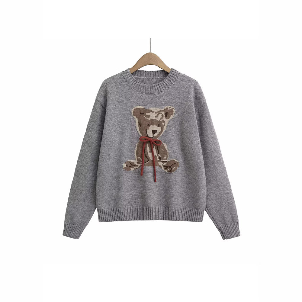 Damen pull en tricot avec motif adorable d'ours et bande décorative à nouer Chic und Stil