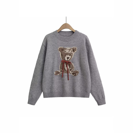 Damen pull en tricot avec motif adorable d'ours et bande décorative à nouer Chic und Stil