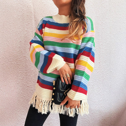 Pull femme charmant avec franges et motif rayé coloré Chic und Stil