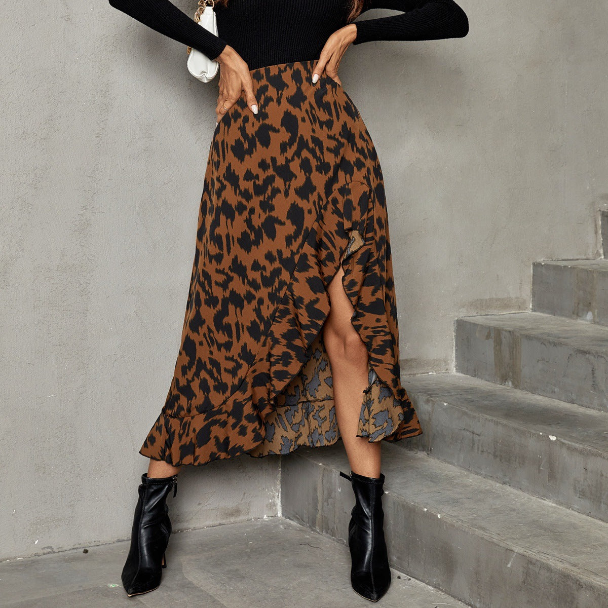 Jupe maxi fendue pour femme avec motif léopard et ourlet à volants Chic und Stil