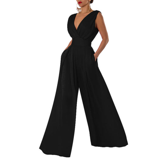 Ladies Jumpsuit with Deep V-Neck and Wide Cut Leg Chic und Stil