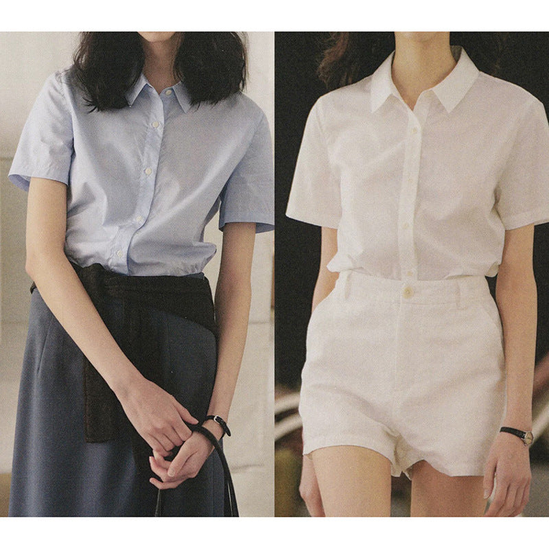 Button-down collar short sleeve fitted shirt set for women and high-waisted shorts Chic und Stil