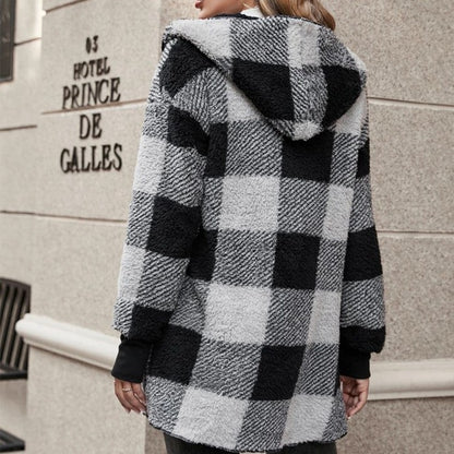 Ladies Cozy Fleece Jacket with Checkered Pattern and Hooded Design Chic and Style