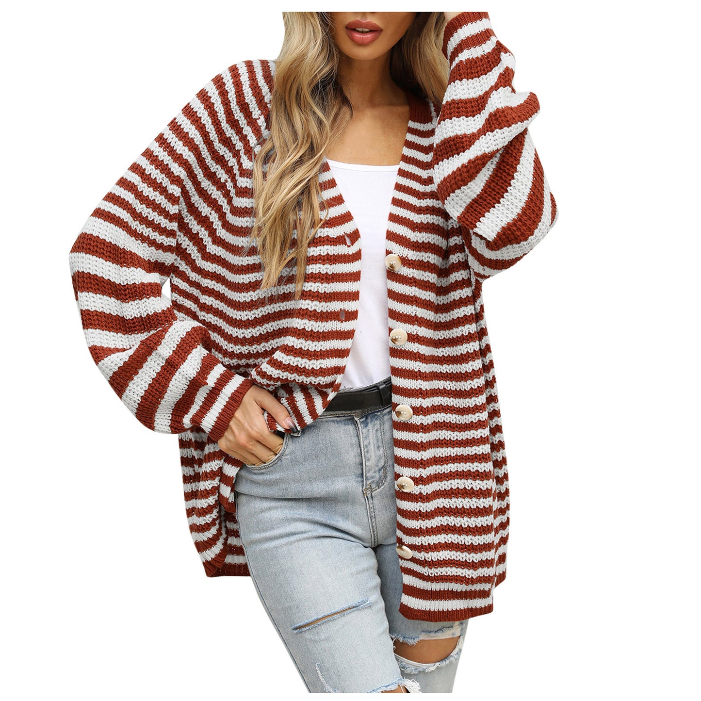 Dames gros tricot cardigan avec motif rayé tendance et manches amples Chic und Stil