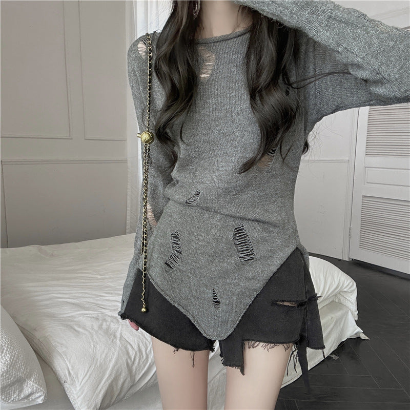 Pull en tricot stylé pour femmes avec des déchirures décontractées et un ourlet asymétrique Chic und Stil