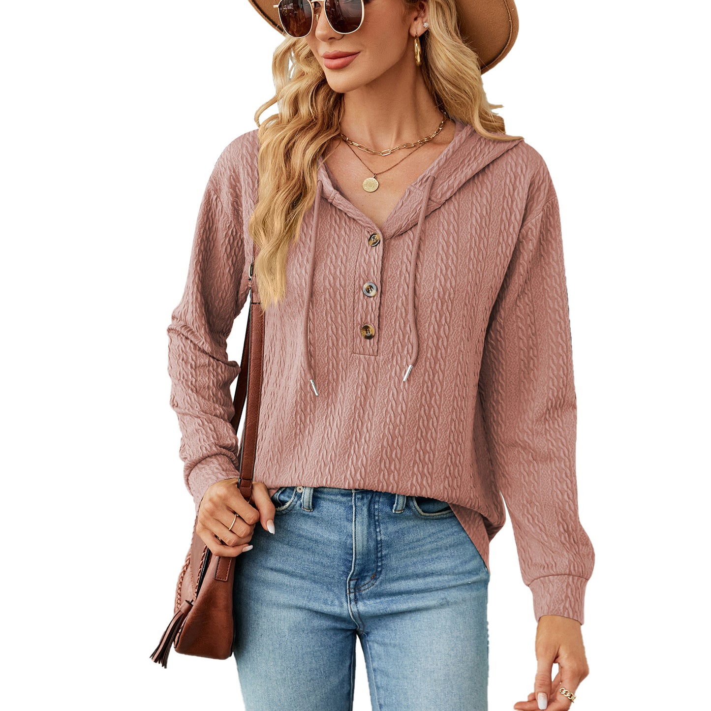 Pull à capuche décontracté pour femmes avec surface texturée et détails de boutons Chic und Stil
