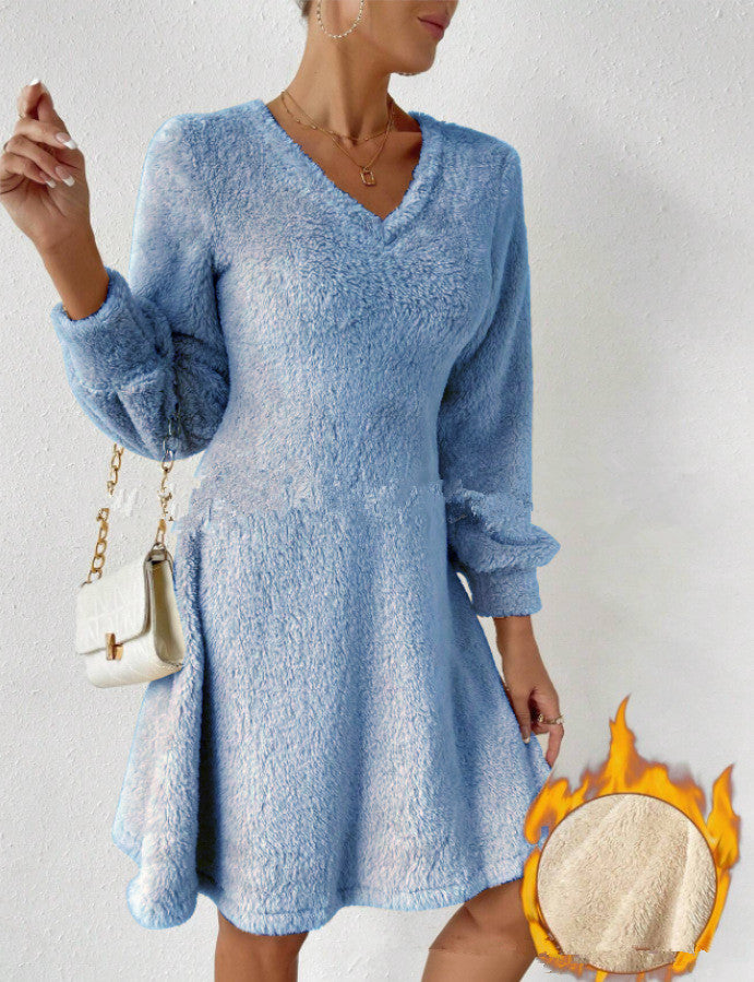 Dames Robe Douce à Col V avec Manches Longues Chic und Stil