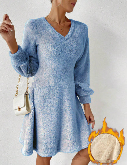 Dames Robe Douce à Col V avec Manches Longues Chic und Stil