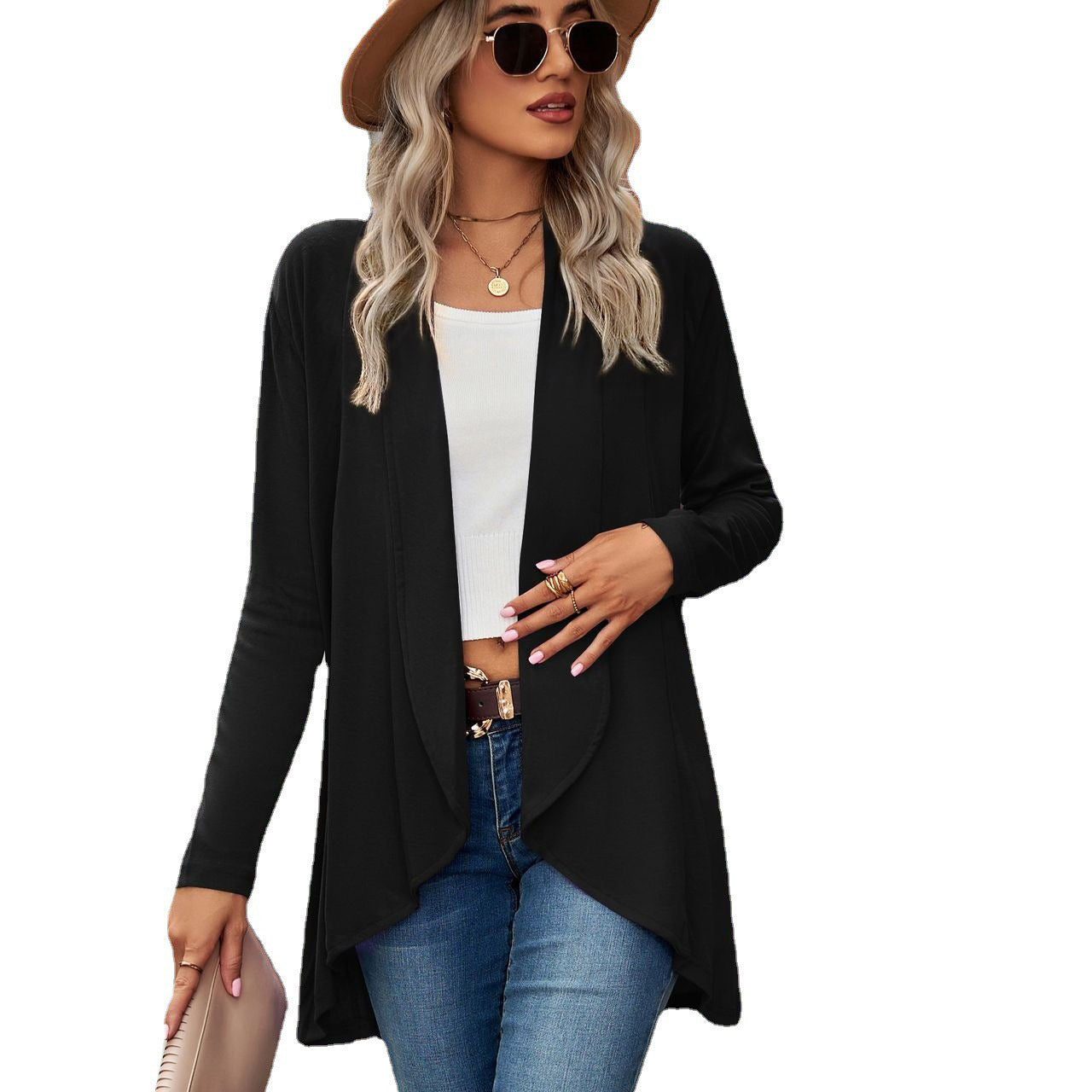 Dames décontracté long cardigan en tissu doux avec ourlet asymétrique Chic und Stil