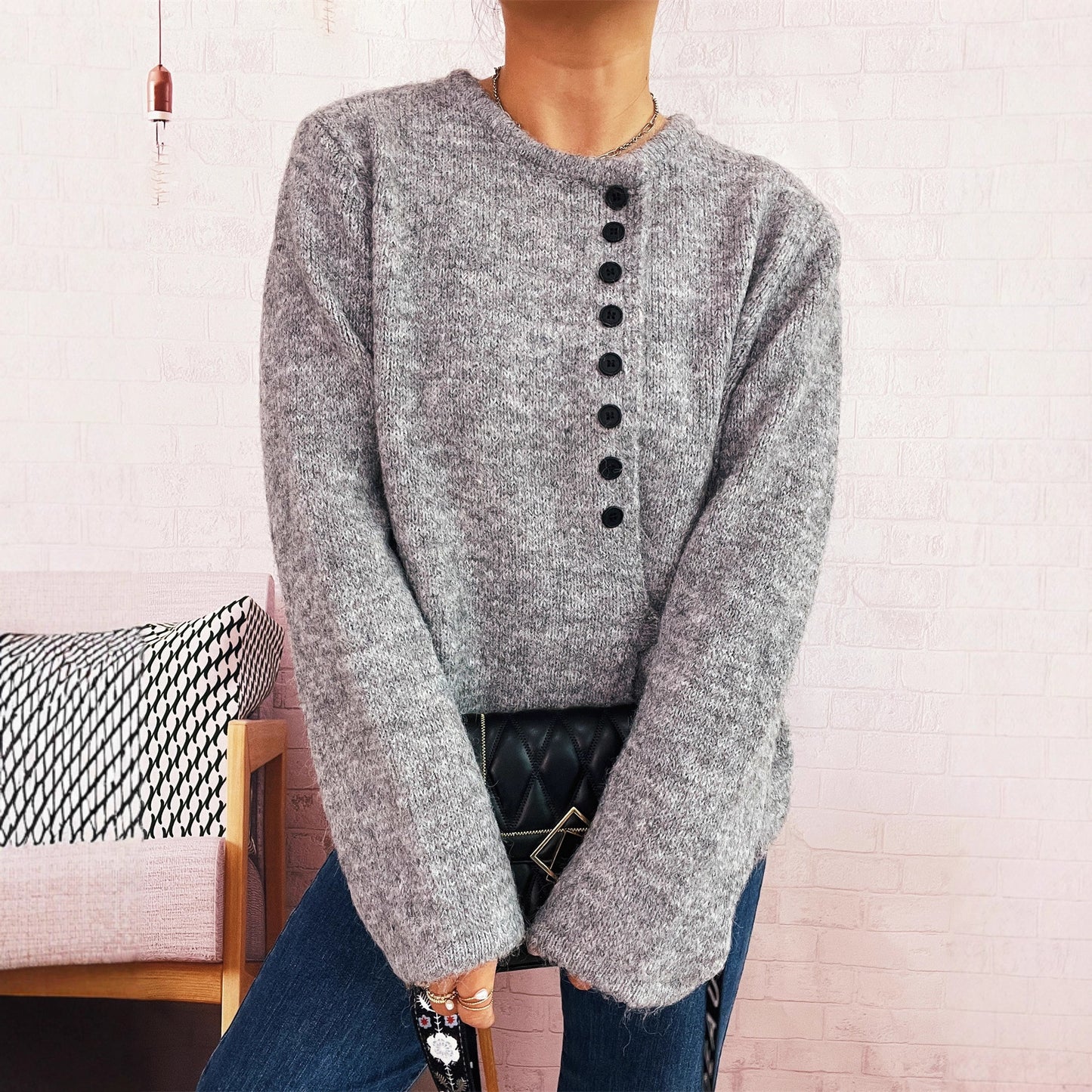Dames Pull en V laine douillet avec ceinture élégante et détails de boutons modernes Chic und Stil