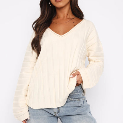 Dames Pull-over décontracté à col en V avec texture côtelée et manches larges Chic und Stil