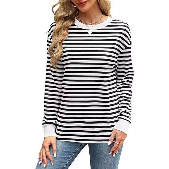 Dames Pull-over rayé décontracté à col rond Chic und Stil