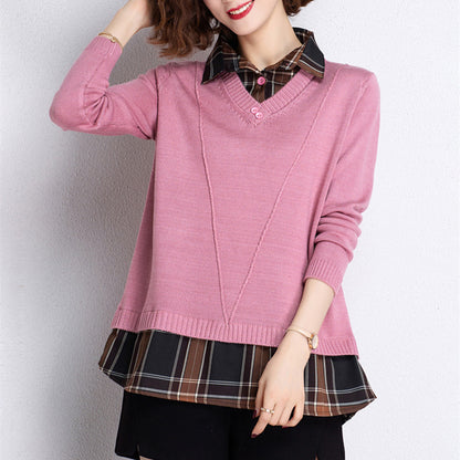 Pull-over en tricot superposé pour femmes avec décolleté en V et blouse tendance.