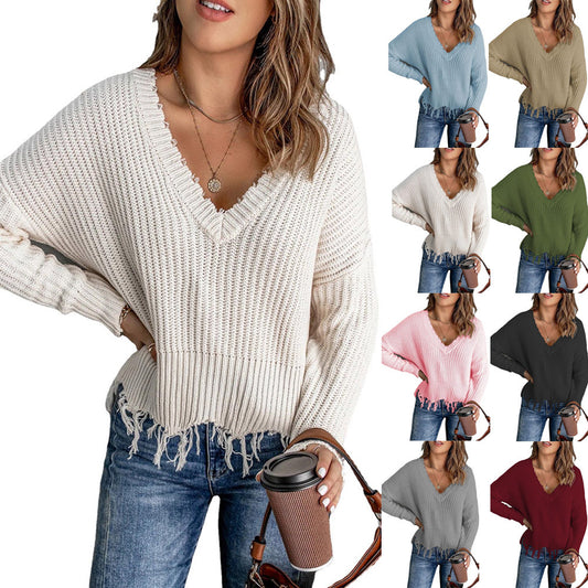 Femme Pull en tricot décontracté avec décolleté en V et ourlet à franges Chic und Stil
