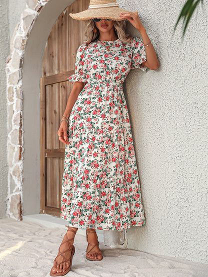 Robe maxi femme avec motifs floraux et bande de taille élastique Chic und Stil