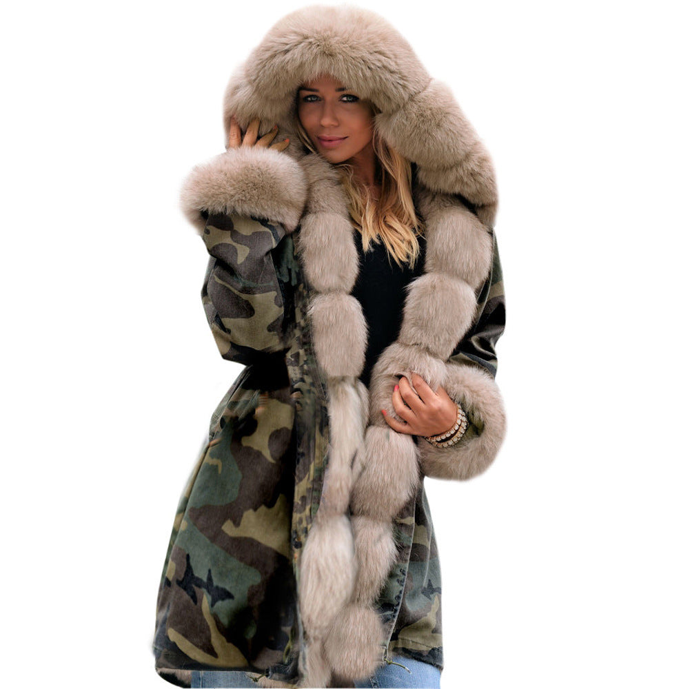 Dames camouflage manteau d'hiver avec col en fausse fourrure XXL et sangles amovibles Chic und Still
