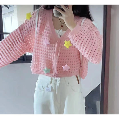 Dames cardigan léger avec des applications d'étoiles colorées et cordon de serrage Chic und Stil