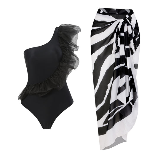 Maillot de bain une pièce pour femme avec décolleté en tulle volumineux et paréo à enfiler Chic und Stil