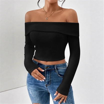 Dames Haut de corps off-shoulder avec manches longues et fine texture côtelée Chic und Stil