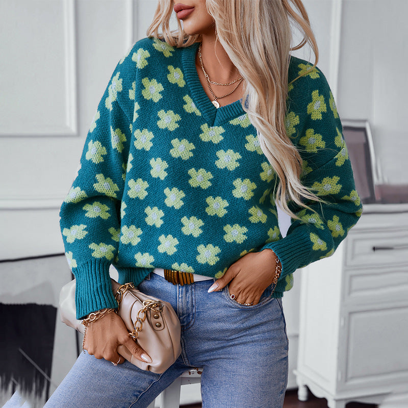 Pull en tricot pour femmes avec motif floral et décolleté en V Chic und Stil